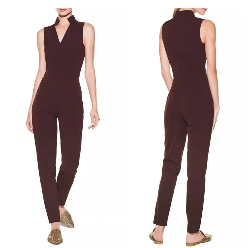 White House Black Market Burgundy Pleated Collar Jumpsuit Sz 8 Holidays Dressy - Picture 1 of 16